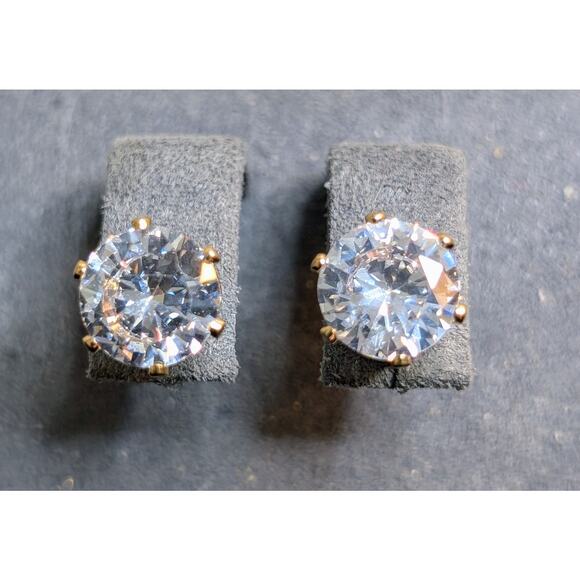 Gold Tone Six Prong Large CZ Post Stud Earrings - Picture 1 of 8